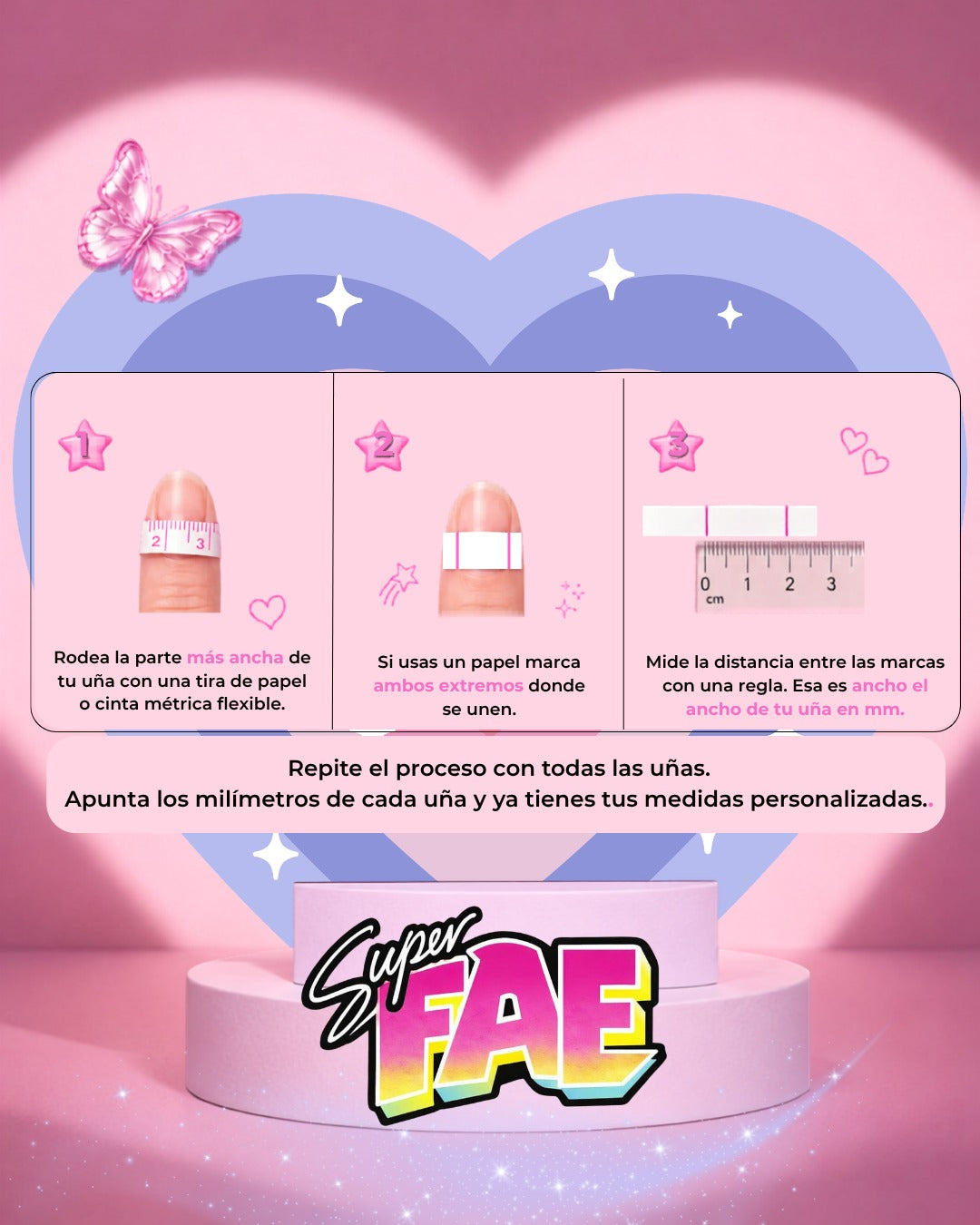 Cómo medir tus uñas en 3 pasos: 1) rodea la parte más ancha de la uña con una tira de papel o cinta métrica; 2) marca ambos extremos donde se unen; 3) mide la distancia entre las marcas con una regla, ese es el ancho en mm. Repite con todas las uñas; si estás entre dos tallas, elige la más grande.